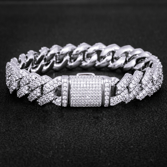 14MM Moissanite Diamond Prong Cuban Link Chain Bracelet