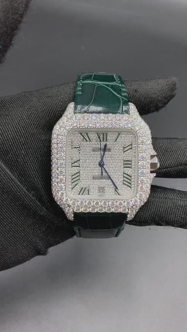 CARTIER SANTOS MOISSANITE WATCH WITH GREEN ROMAN NUMERAL DIAL – EMERALD LEATHER STRAP