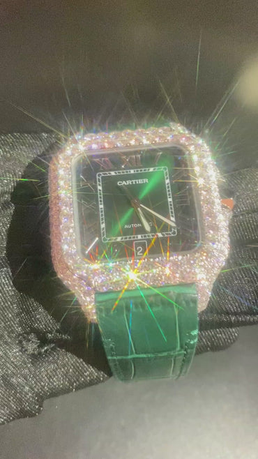 CARTIER SANTOS MOISSANITE WATCH WITH EMERALD GREEN DIAL – GREEN LEATHER STRAP EDITION