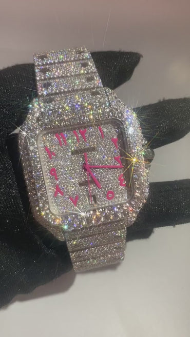 CARTIER SANTOS MOISSANITE WATCH WITH PINK ARABIC DIAL – FULLY ICED OUT EDITION