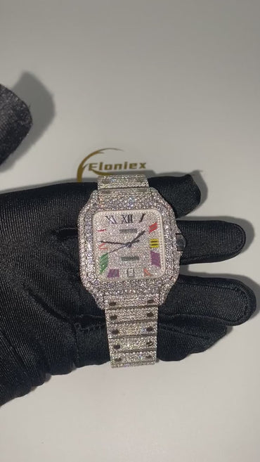 CARTIER SANTOS MOISSANITE WATCH WITH MULTICOLOR ROMAN NUMERAL DIAL – FULL ICED OUT