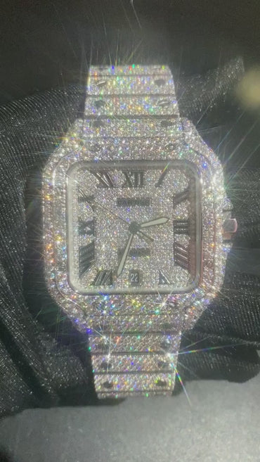 CARTIER SANTOS MOISSANITE WATCH WITH BLACK ROMAN NUMERAL DIAL – FULL ICED OUT