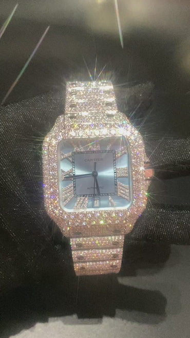 CARTIER SANTOS MOISSANITE WATCH WITH SKY BLUE DIAL – DIAMOND ROMAN NUMERAL EDITION
