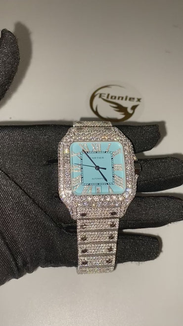 CARTIER SANTOS MOISSANITE WATCH WITH LIGHT BLUE DIAL – FULL ICED OUT