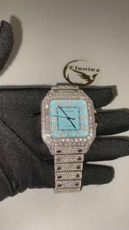 CARTIER SANTOS MOISSANITE WATCH WITH LIGHT BLUE DIAL – FULL ICED OUT