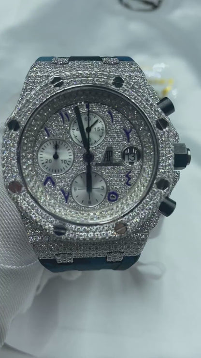 AUDEMARS PIGUET ROYAL OAK MOISSANITE WATCH WITH ARABIC DIAL – FULL ICED SILVER EDITION WITH CAMOUFLAGE STRAP